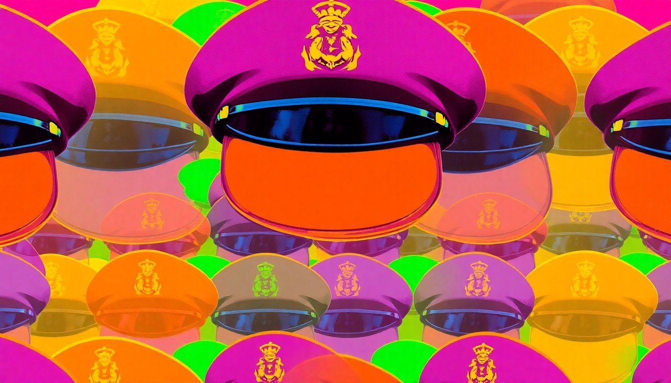 A bold, colorful silkscreen print featuring a repeating pattern of a police officer's uniform hat in neon shades of blue, red, and yellow, capturing the celebratory and community-focused spirit of the Thin Blue Run event.