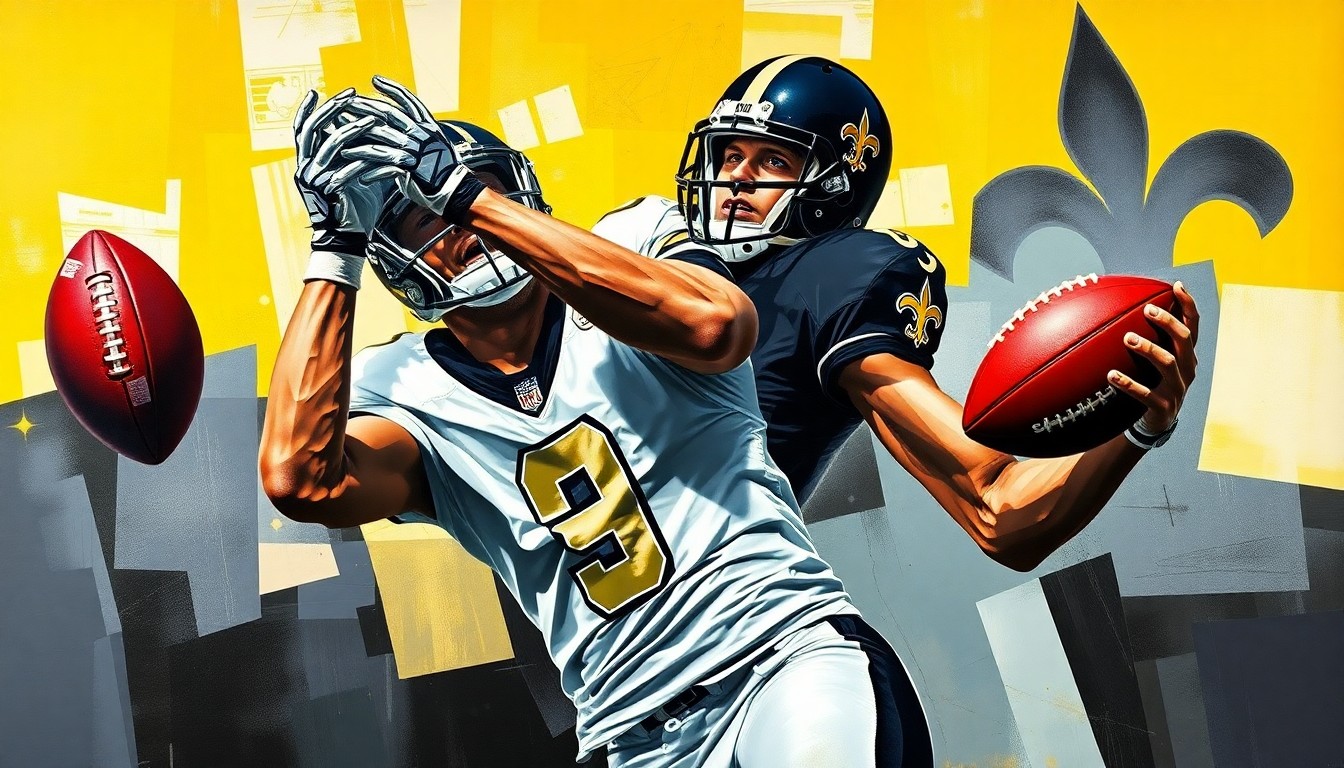 A fragmented, geometric painting depicting a football player in mid-air making a catch, with sharp planes of color and overlapping perspectives capturing the dynamic motion of the play.