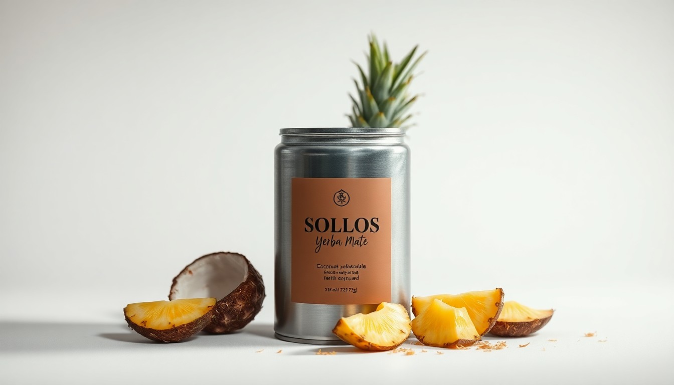 A high-end, photorealistic studio still-life photograph featuring a premium, polished metal yerba mate canister with a minimalist label design, along with fresh pineapple slices and coconut shavings arranged elegantly on a clean, white background, conceptually representing the elevated, health-conscious indulgence of the new SOLLOS Yerba Mate brand.