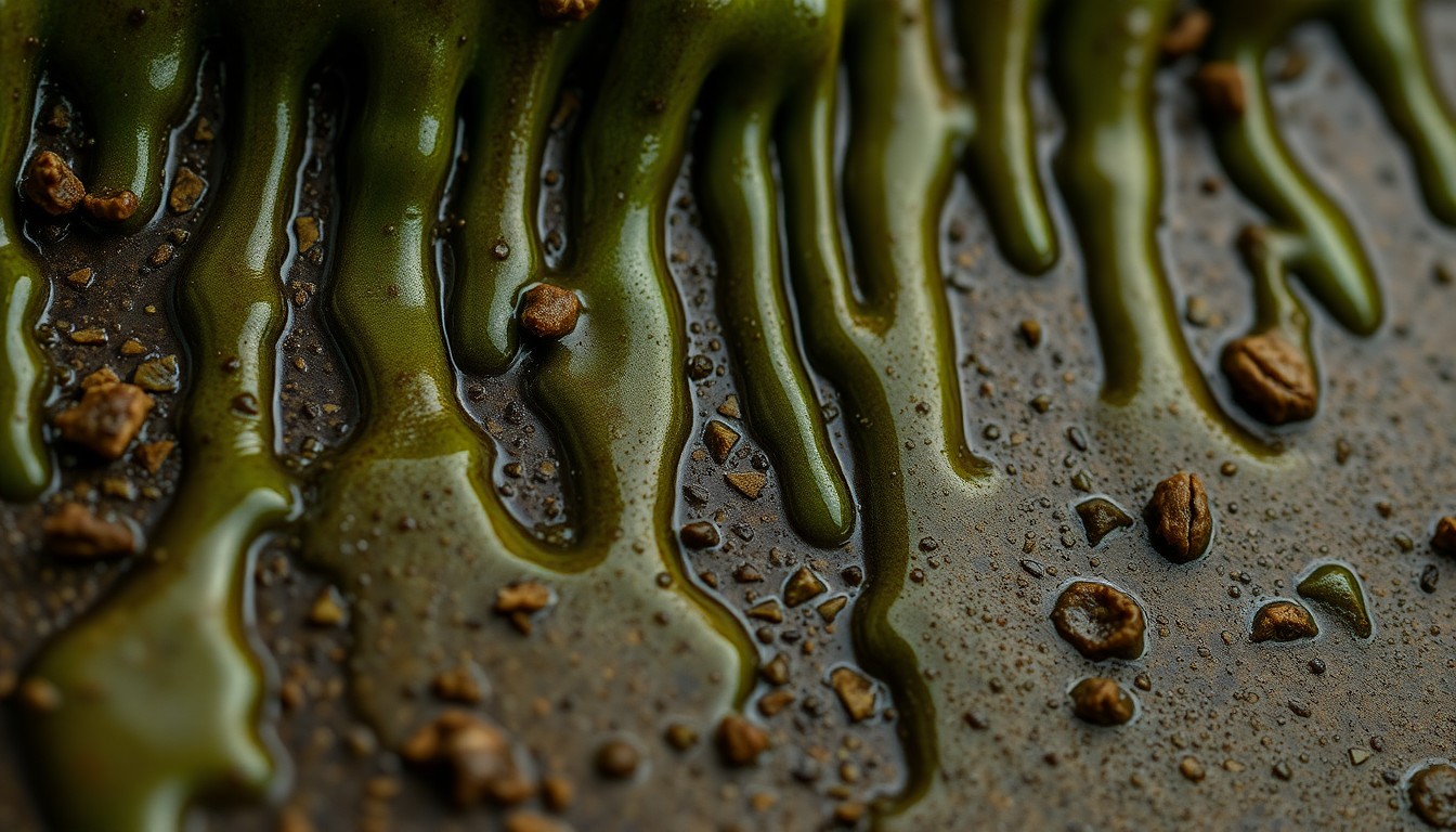 An extreme close-up of a viscous, dripping green-brown toxic waste texture, conceptually representing the gruesome yet humorous demise of a character in an action movie.