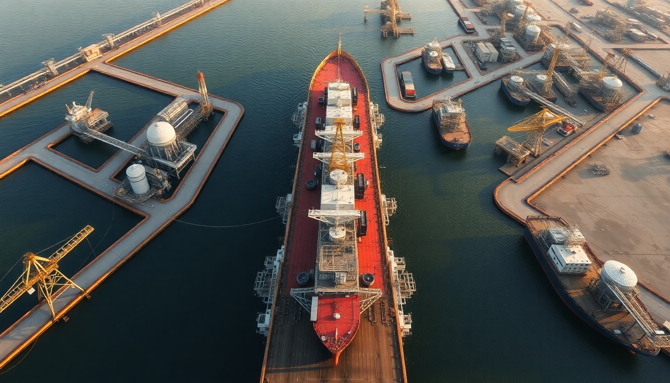 An aerial view of an oil tanker unloading crude at a Gulf Coast refinery, with the surrounding industrial infrastructure repeating in a precise, geometric pattern that conveys the massive scale of the global energy supply chain.