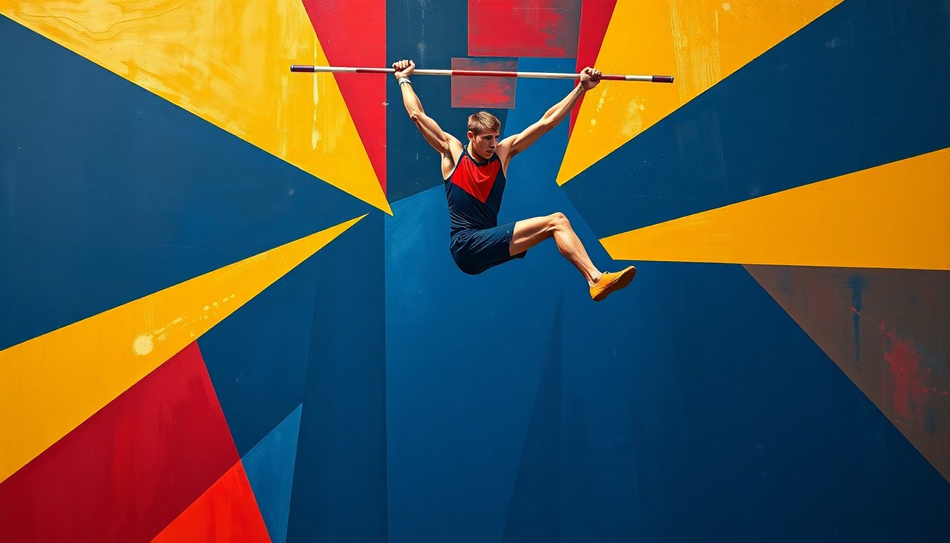 A cubist, geometric painting depicting a pole vaulter in mid-jump, with the athlete's body and equipment broken down into sharp, overlapping planes of navy, scarlet, and gold, capturing the dynamic energy of the sport.