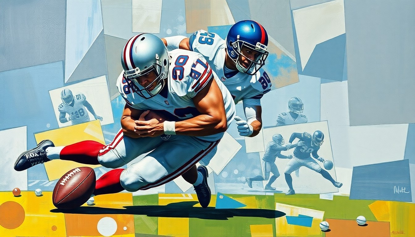A fragmented, geometric painting depicting the motion and impact of a linebacker making a tackle, with sharp planes of color and form representing the physicality of the sport.