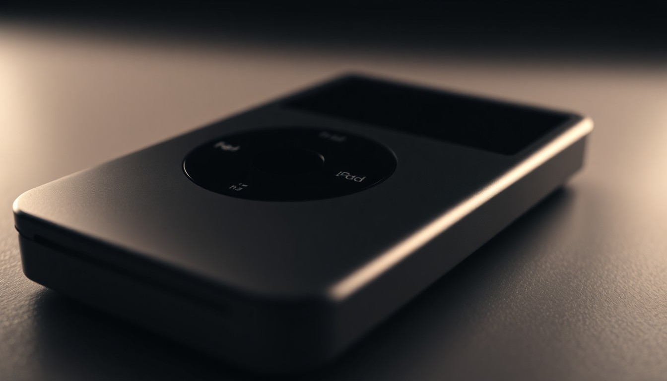 An extreme close-up photograph of the shiny, reflective metal and glass surfaces of a vintage iPod Classic, captured in dramatic studio lighting to create a high-contrast, abstract, glamorous aesthetic that evokes the nostalgia and allure of this retro music technology.