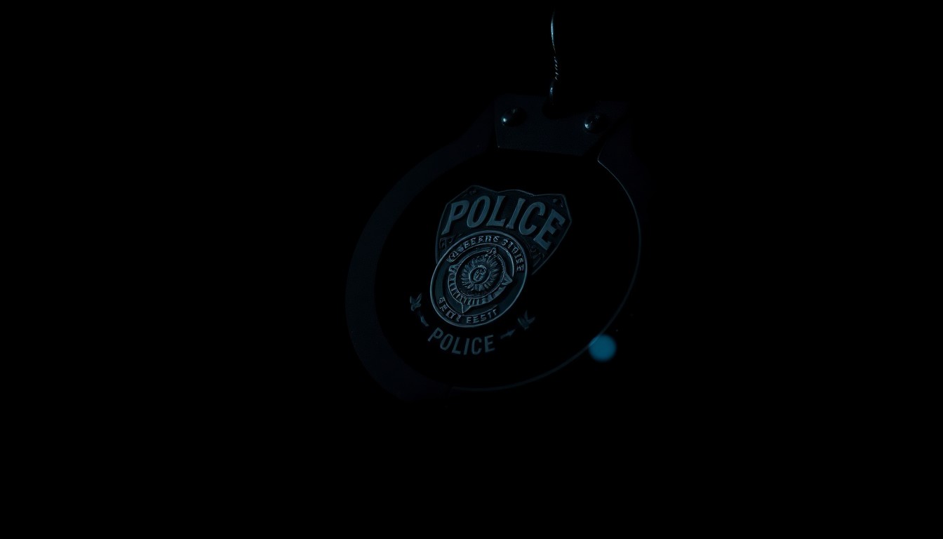 An extreme close-up photograph of a police badge or handcuff, lit by a harsh, direct camera flash against a pitch-black background, creating a stark, gritty, investigative aesthetic that conceptually represents the data and insights in the police department's annual report.