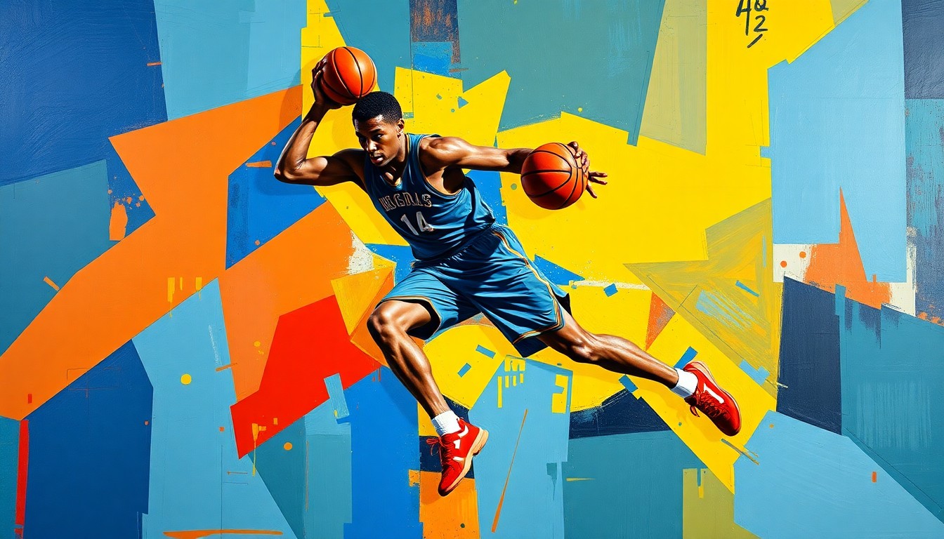 A cubist-style painting featuring overlapping geometric shapes and planes in vibrant blue, red, and yellow hues, conceptually representing the multifaceted skills and potential of a basketball player in motion.