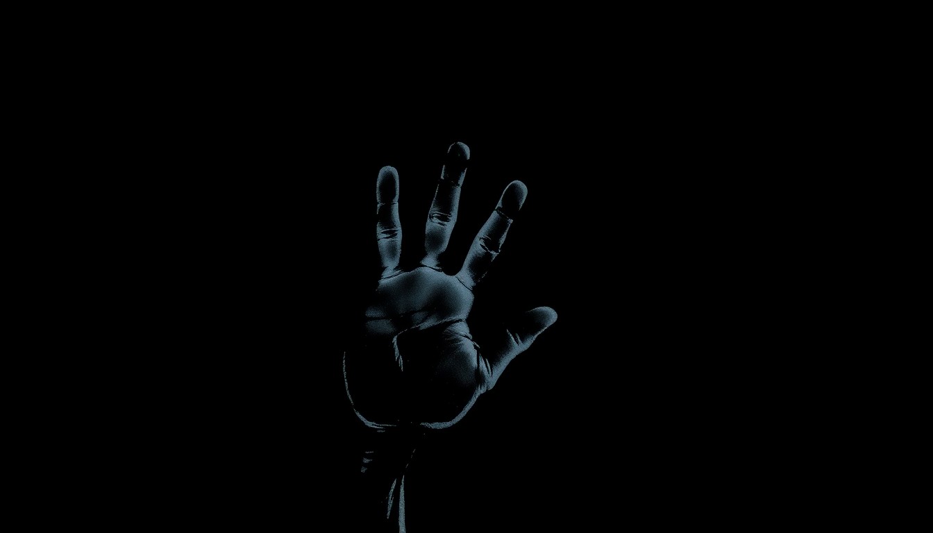 An extreme close-up photograph of a child's handprint on a chalkboard, lit by a harsh, direct camera flash against a pitch-black background, conceptually illustrating the alleged assault on a student by a teacher.
