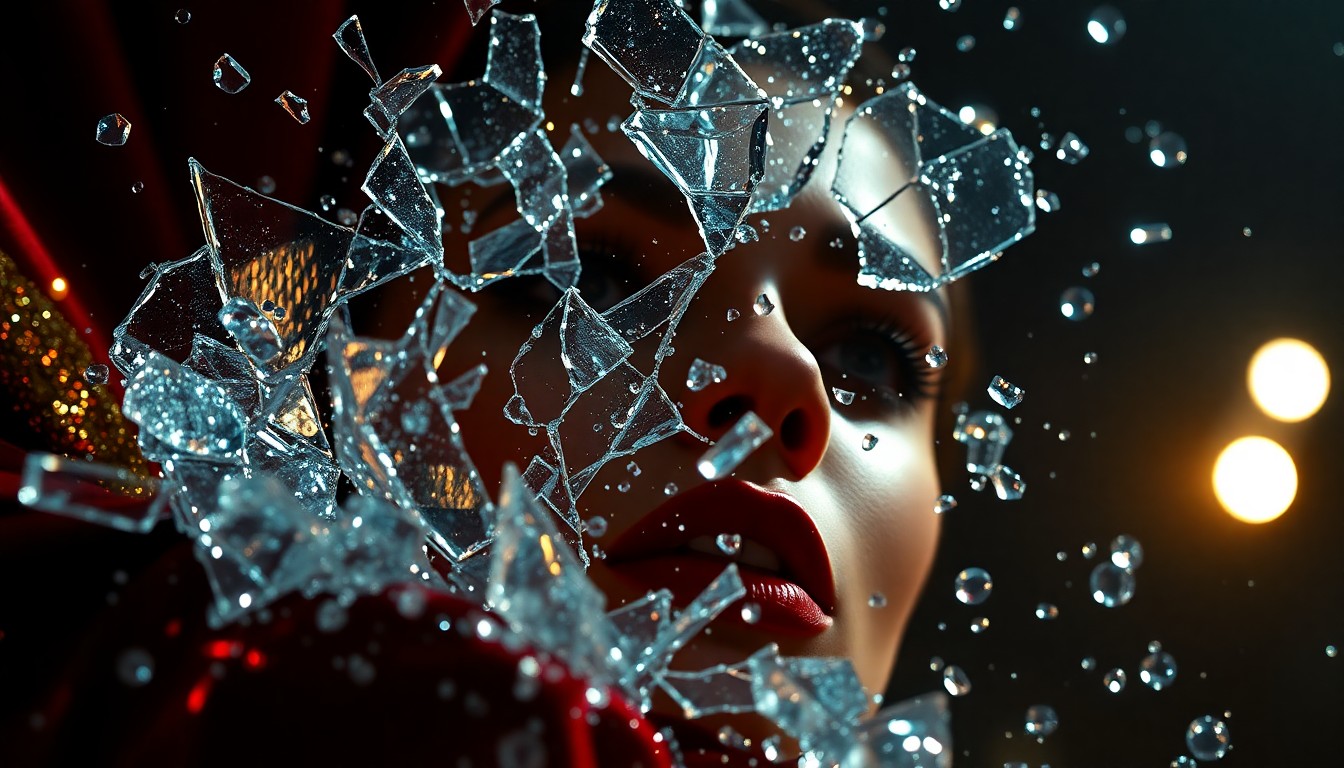 An abstract close-up photograph featuring shattered glass, glittering sequins, and rich velvet textures in high-contrast studio lighting, conceptually representing the high-stakes world of the 'Euphoria' TV series.