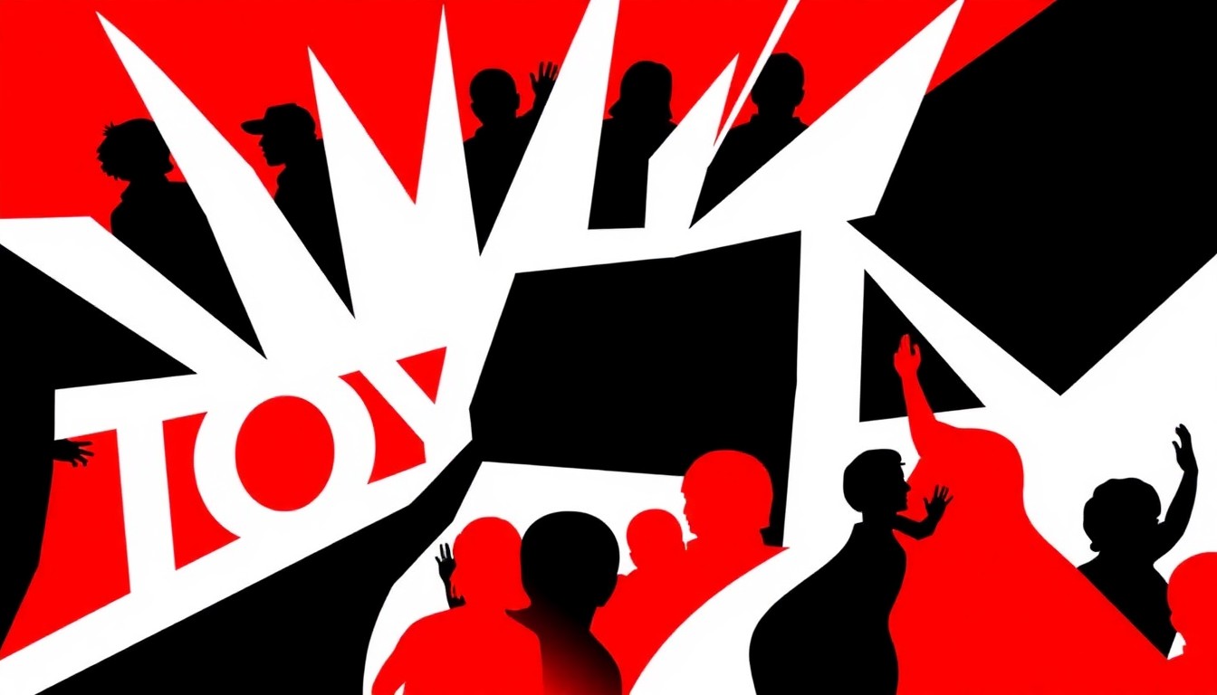 A dynamic, abstract illustration featuring bold, jagged shapes in red, white, and black, capturing the high-energy spirit of the Tony Awards ceremony.