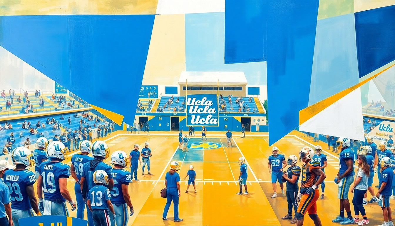 A fragmented, cubist-style painting depicting a UCLA football practice, with players, coaches, and equipment broken down into sharp, overlapping geometric shapes in shades of blue, gold, and white.
