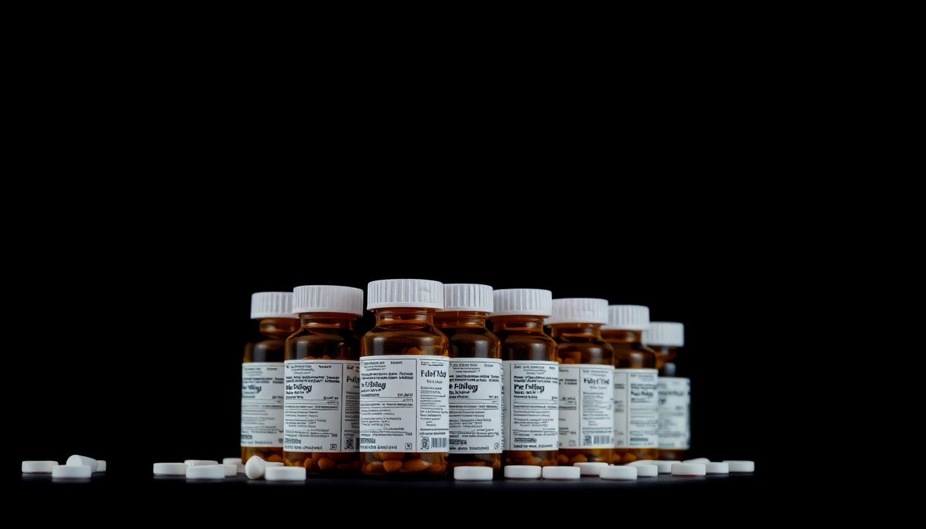 An extreme close-up photograph of a stack of prescription pill bottles against a pitch-black background, lit by a harsh, direct camera flash. The bottles have generic drug labels, conceptually representing the fraudulent medications at the center of this case.