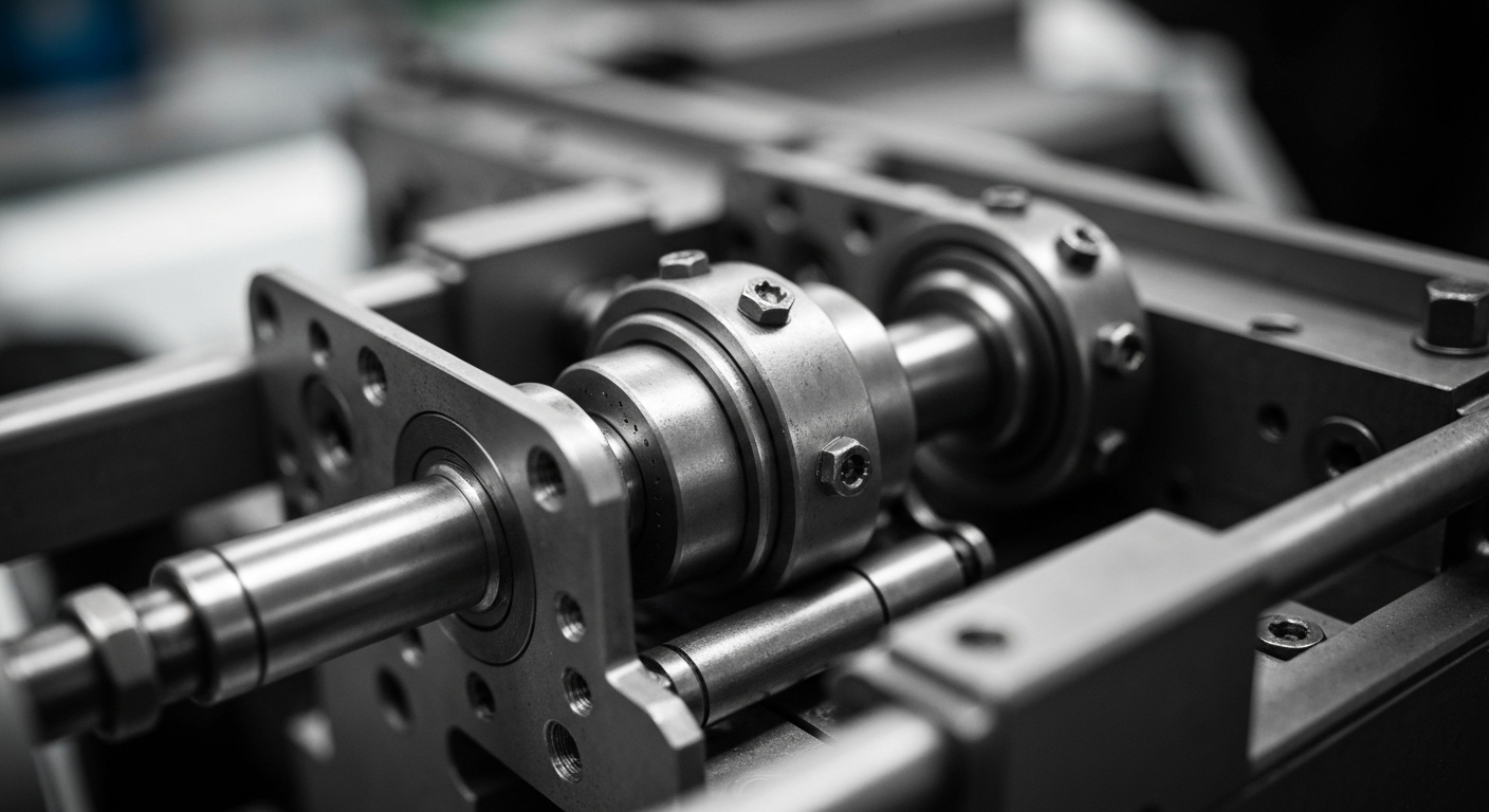An extreme close-up of the heavy, metallic components of a large industrial banking machine, with the gears and mechanisms dramatically lit to create a sense of power and security in the financial system.
