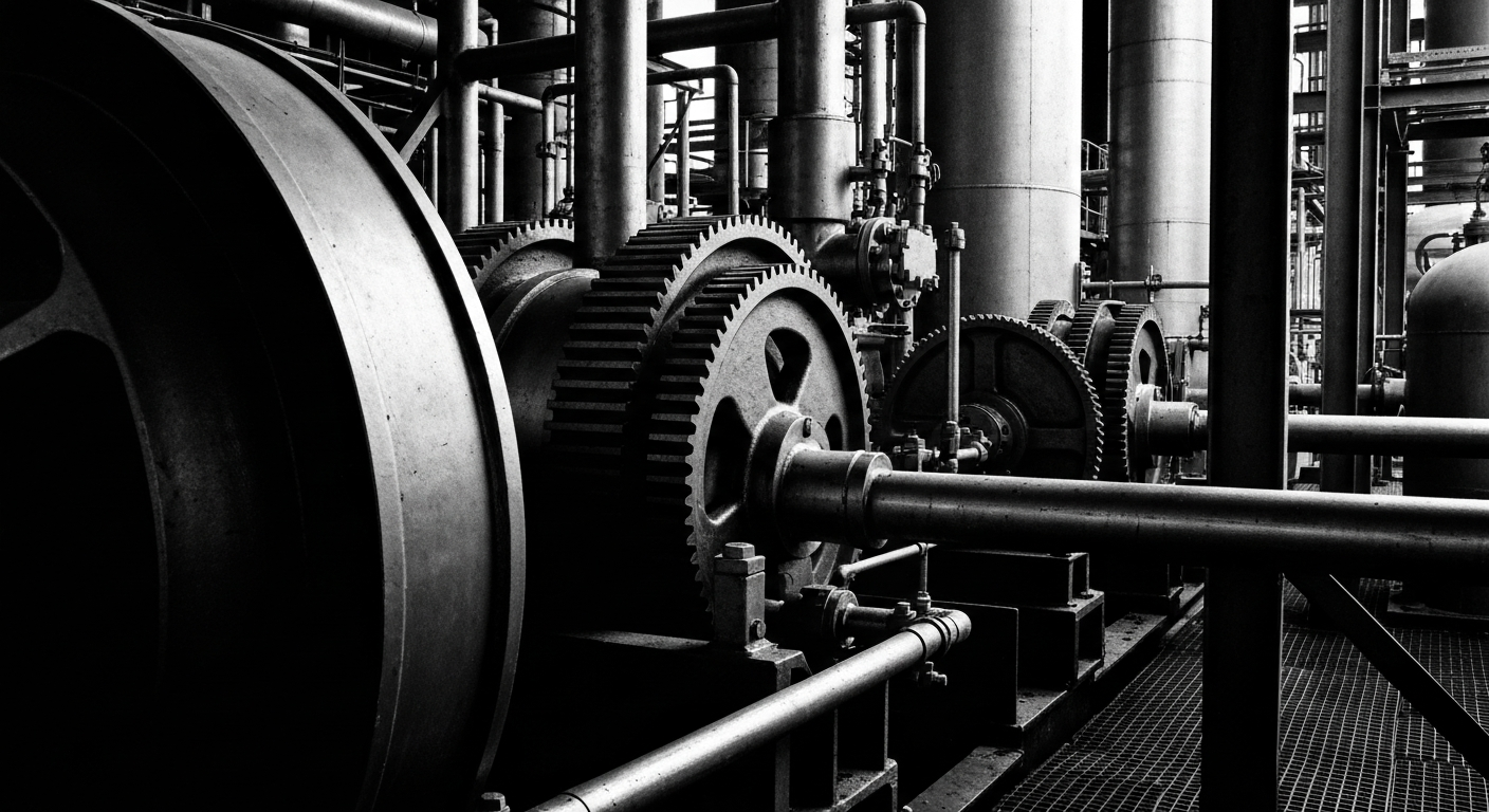 A high-contrast, black-and-white close-up image of the intricate gears, valves, and other industrial components that make up the production facilities of a major industrial gas supplier, conveying the scale and importance of the company's physical infrastructure.