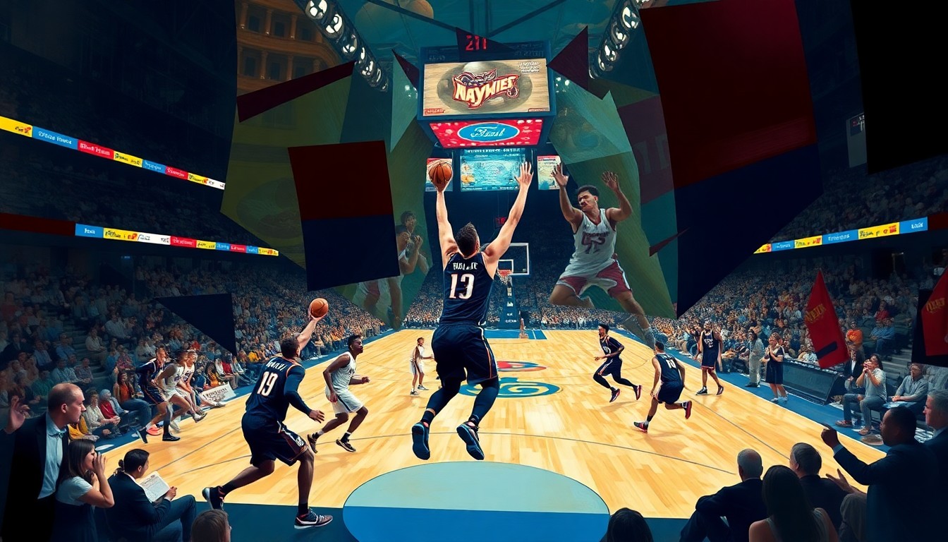A cubist, geometric painting depicting the fragmented forms of college basketball players on a court, with the arena fading into the background, conceptually representing the roster upheaval facing the South Dakota Coyotes.