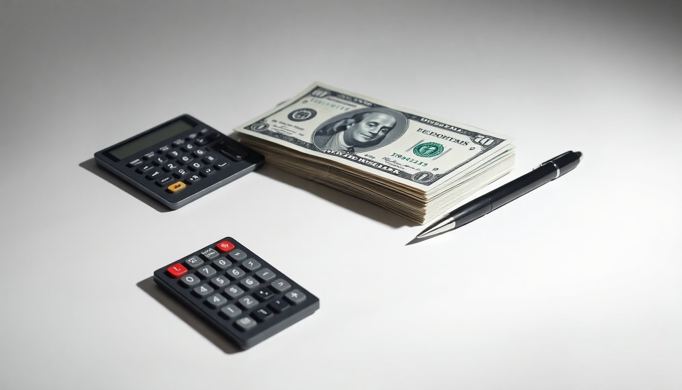 A photorealistic studio shot featuring a stack of dollar bills, a calculator, and a pen arranged on a clean white background, conveying the financial data and strategic decisions behind a discount retail business.