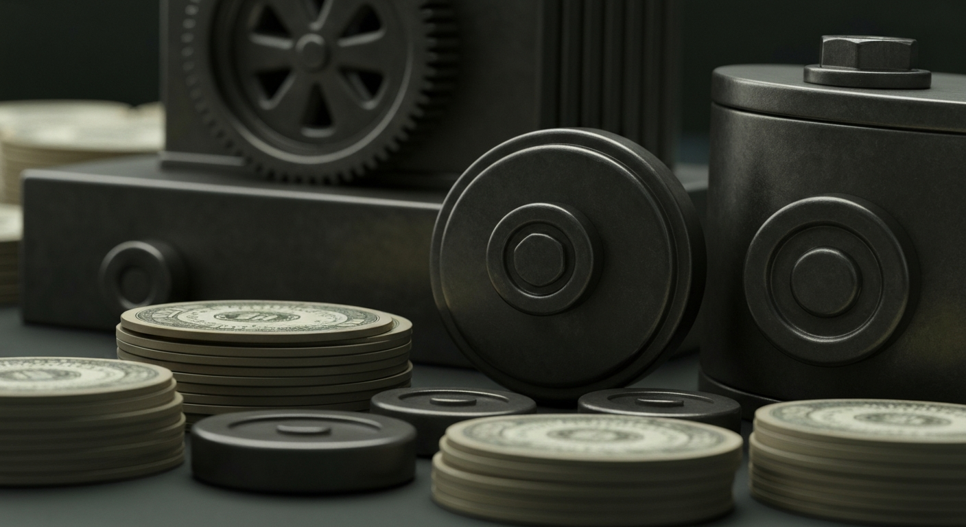 An extreme close-up of intricate, industrial-looking financial machinery and equipment, conveying a sense of the complex systems and infrastructure that underpin the healthcare sector.