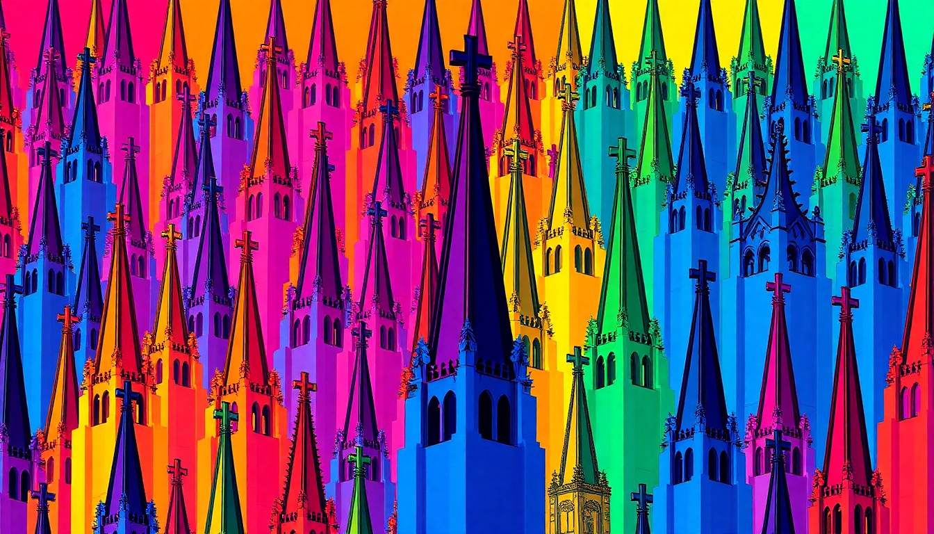 A bold, vibrant silkscreen illustration featuring a repeated pattern of a Catholic church steeple in neon colors, conceptually representing the Dubuque Archdiocese's efforts to transform its approach to better serve its communities.