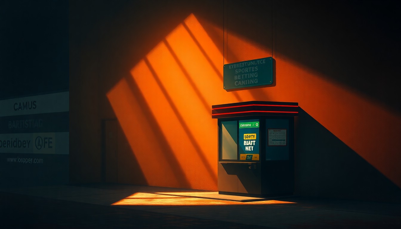 A dimly lit, urban scene with a solitary sports betting kiosk bathed in warm, diagonal sunlight and deep shadows, conceptually representing the cautious optimism surrounding Wisconsin's new online sports betting law.