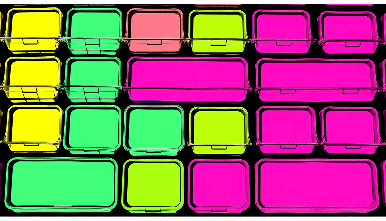 A brightly colored, high-contrast silkscreen print of a stack of school lunch trays repeated in a tight grid pattern, conceptually representing the push for universal free school meals in North Dakota.