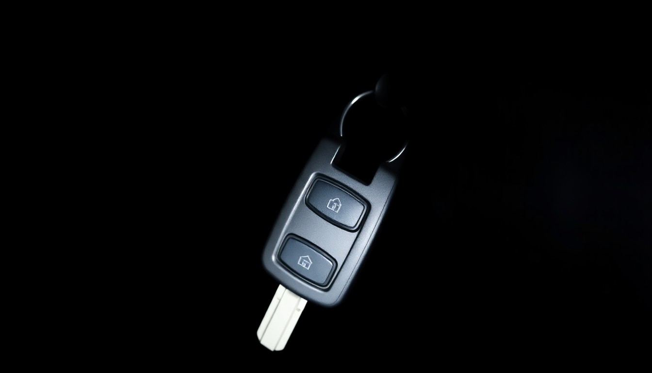 An extreme close-up photograph of a car key and ignition switch against a pitch-black background, lit by a harsh, direct camera flash, conceptually representing the physical evidence behind a string of stolen vehicle cases.
