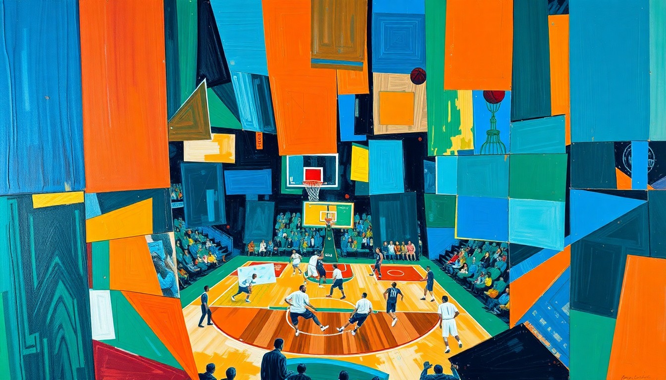 A cubist, geometric painting depicting a basketball game or match, with overlapping planes of color and shape representing the dynamic action on the court.