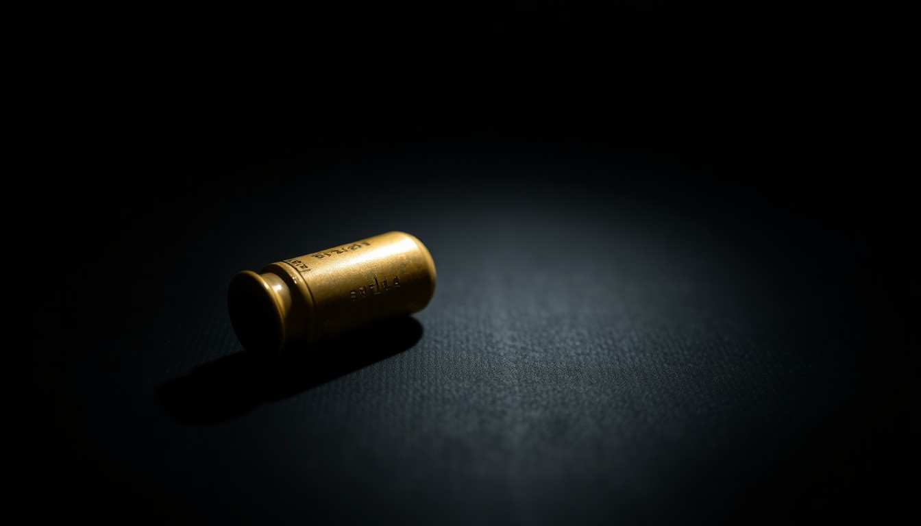 An extreme close-up of a single spent shell casing on a dark surface, lit by a harsh, direct camera flash, conceptually representing the aftermath of a shooting incident.