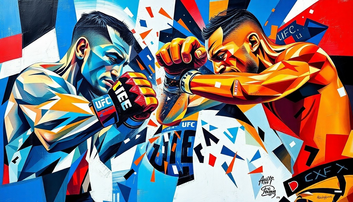 A fractured, multi-perspective painting depicting the explosive motion of a UFC fighter's knockout punch, broken down into sharp, overlapping geometric shapes and planes of vibrant color.