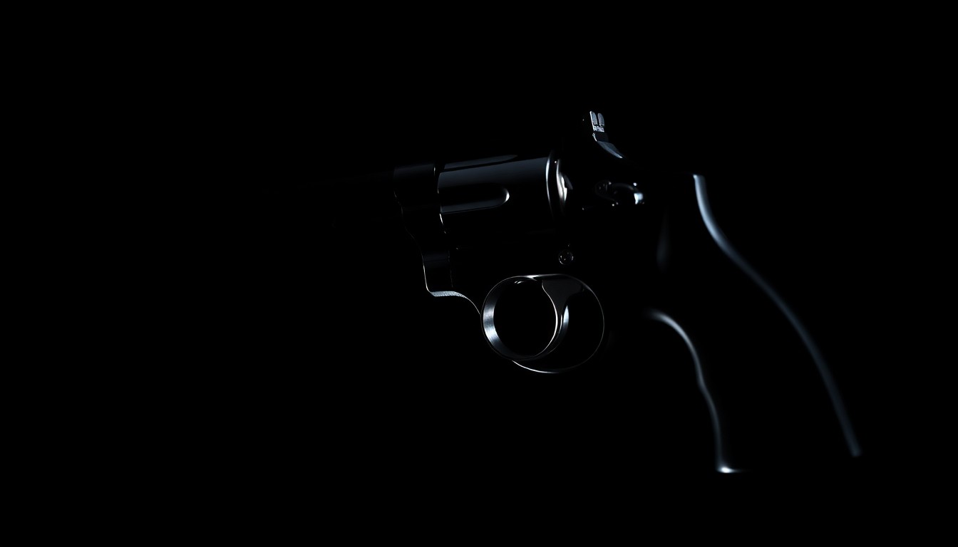 An extreme close-up photograph of a CO2-powered revolver against a pitch-black background, capturing the dramatic texture and material details of the weapon under harsh, direct lighting to convey a sense of the serious, investigative nature of the incident.