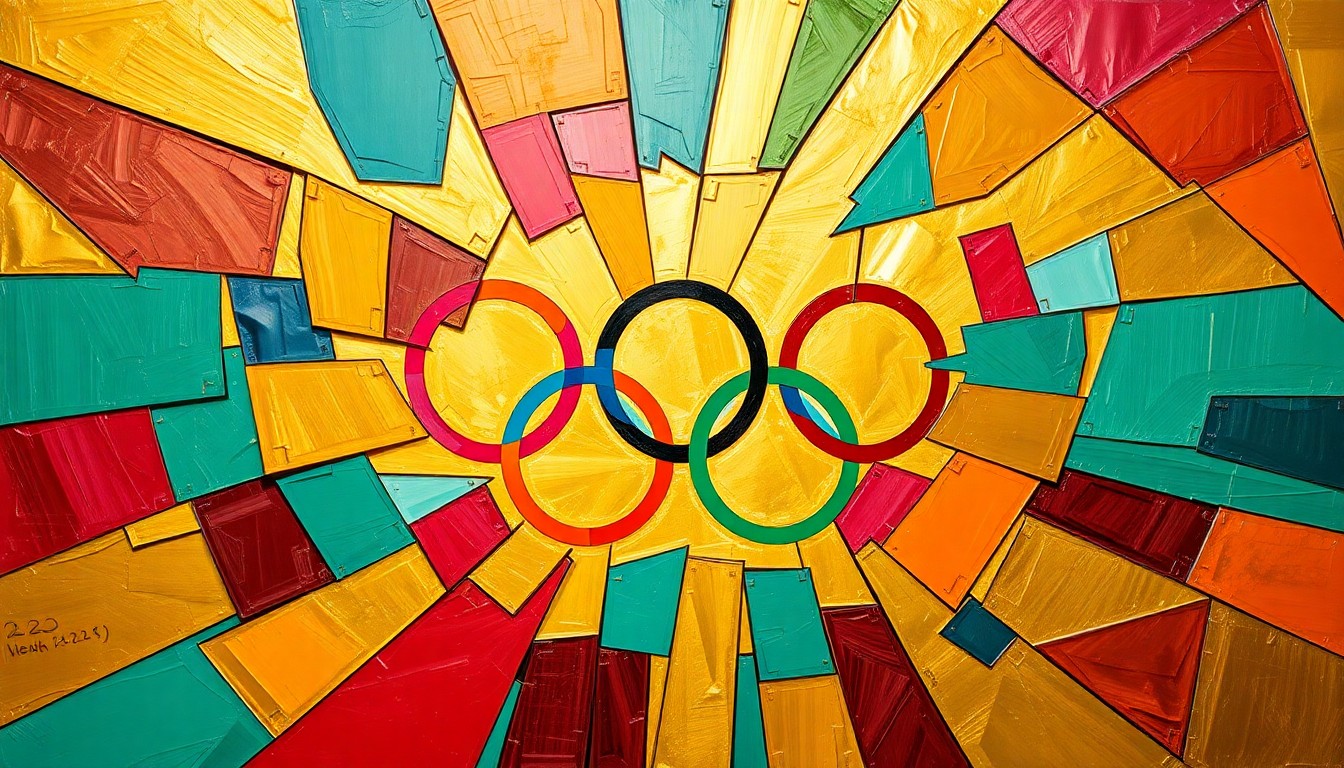 A cubist, geometric painting in vibrant colors depicting the energy and anticipation around the 2028 Summer Olympics ticket sales, with sharp, overlapping planes representing the high demand and complex logistical challenges.
