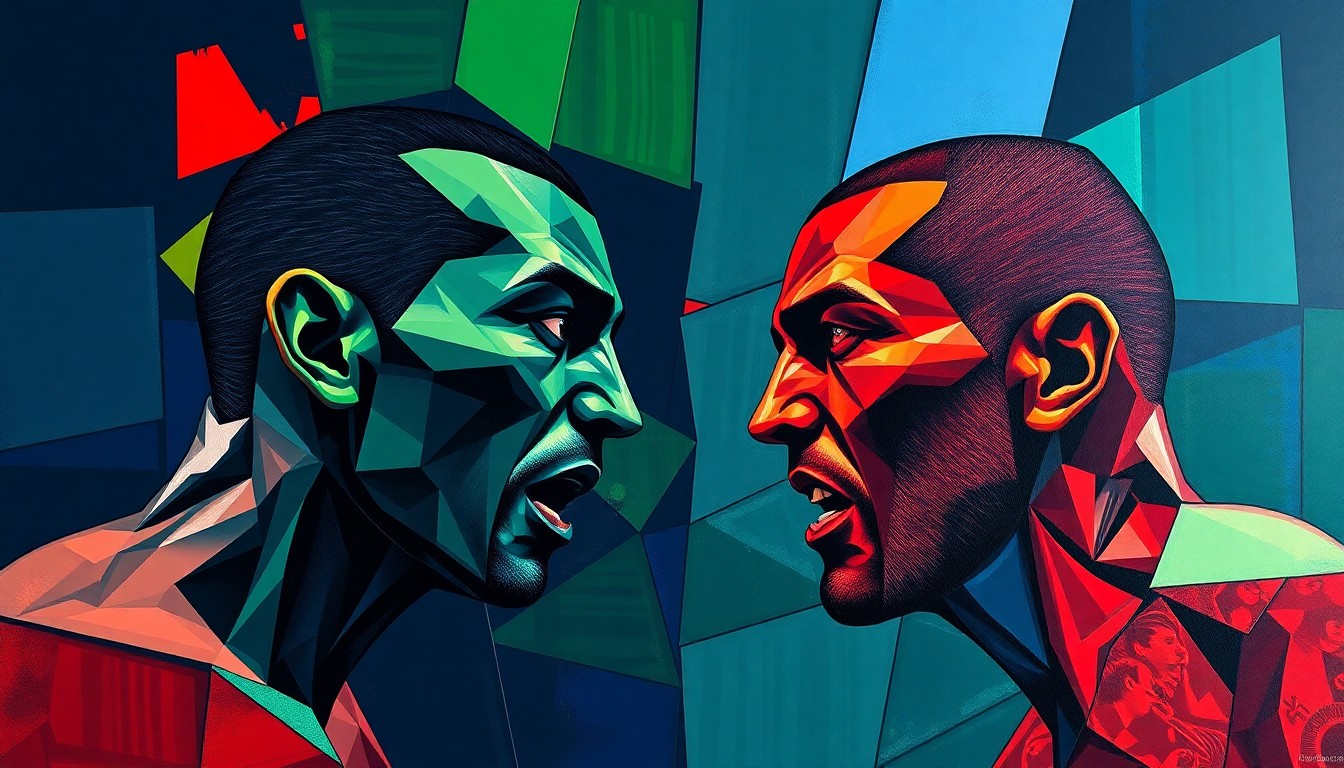 A fragmented, geometric painting depicting the dynamic movements and intensity of a UFC light heavyweight fight, with sharp planes of navy, green, and red colliding across the canvas.