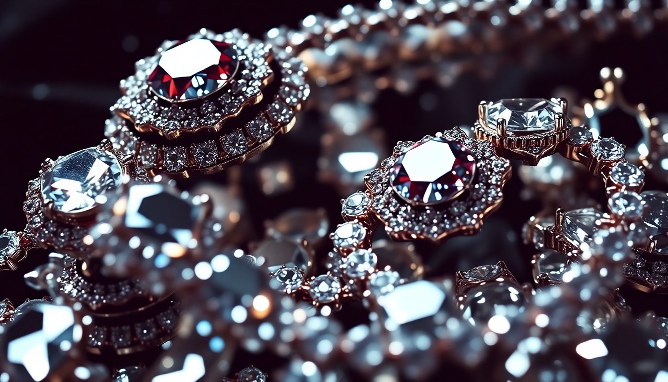An abstract close-up photograph of sparkling diamond necklaces and bracelets against a dark background, capturing the glamour and luxury of the gifts Latto received at her celebrity baby shower.
