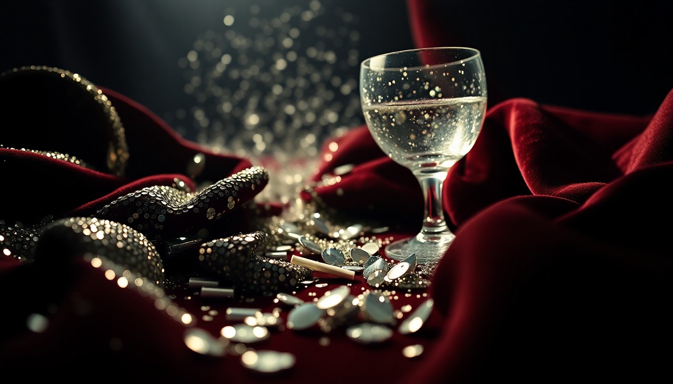 An extreme close-up of shimmering sequins, shattered glass, and plush velvet textures, capturing the high-fashion aesthetic of the adult entertainment industry.