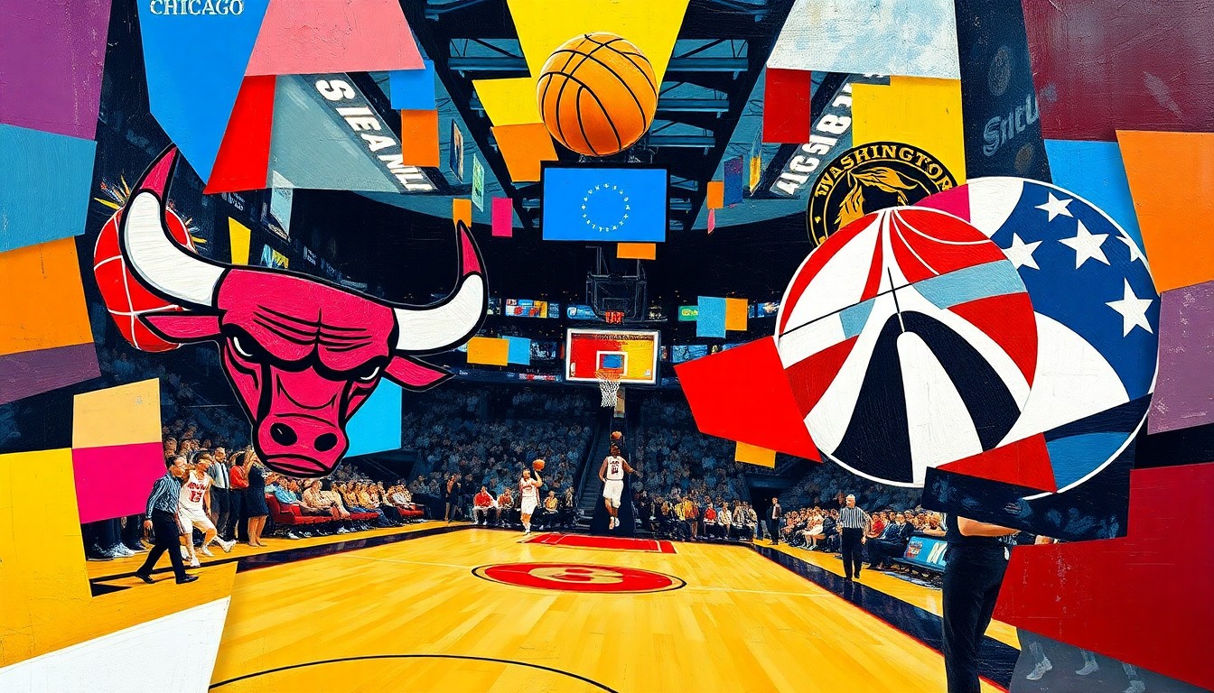 A cubist-style painting featuring sharp, overlapping geometric shapes and planes in the official colors of the Chicago Bulls and Washington Wizards, conceptually representing the fast-paced action and competitive spirit of their NBA matchup.