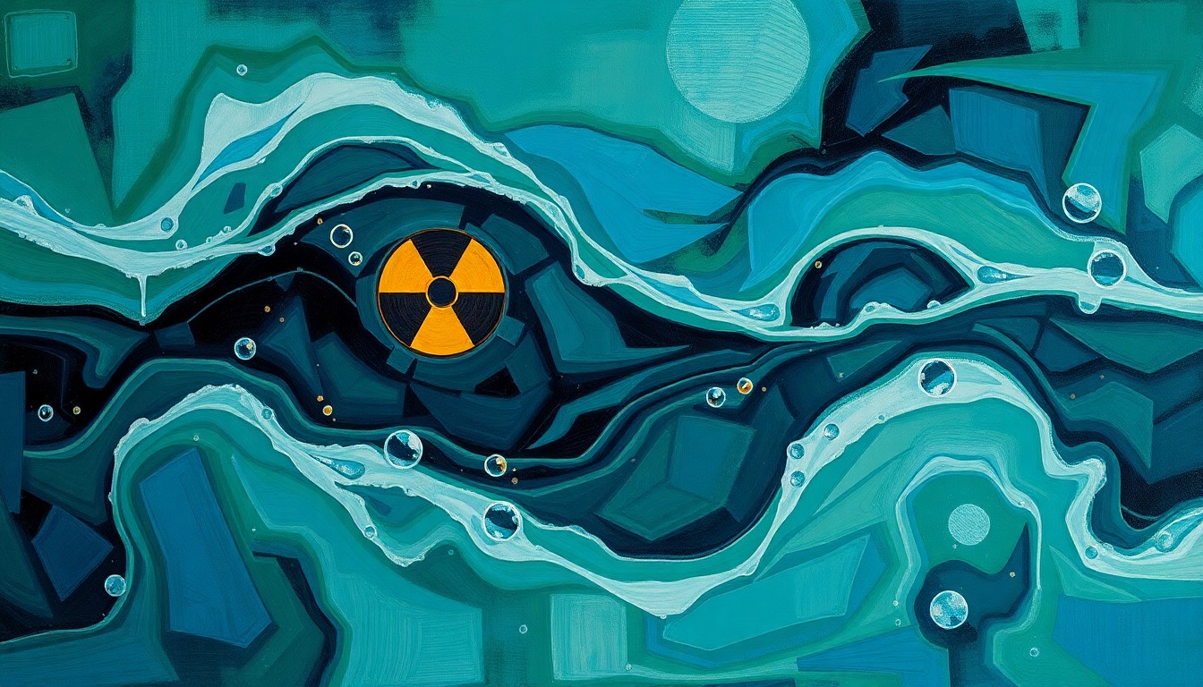An abstract, textured painting in shades of blue, green, and grey, depicting a complex network of geometric shapes and intersecting waveforms, conceptually representing the flow of radioactive water through the environment.