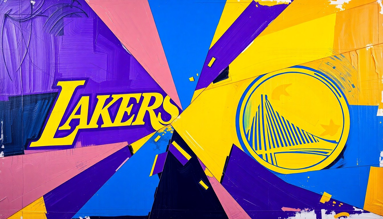 A dynamic, cubist-style painting featuring fragmented geometric shapes and planes in the colors of the Lakers and Warriors, conceptually representing the analytical breakdown of the high-stakes NBA matchup.