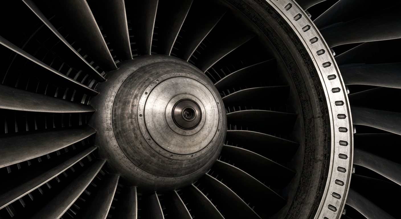 An extreme close-up of a heavily textured aircraft engine component, such as a fan blade or engine inlet, in dramatic lighting that highlights the raw materials and engineering details of the part.