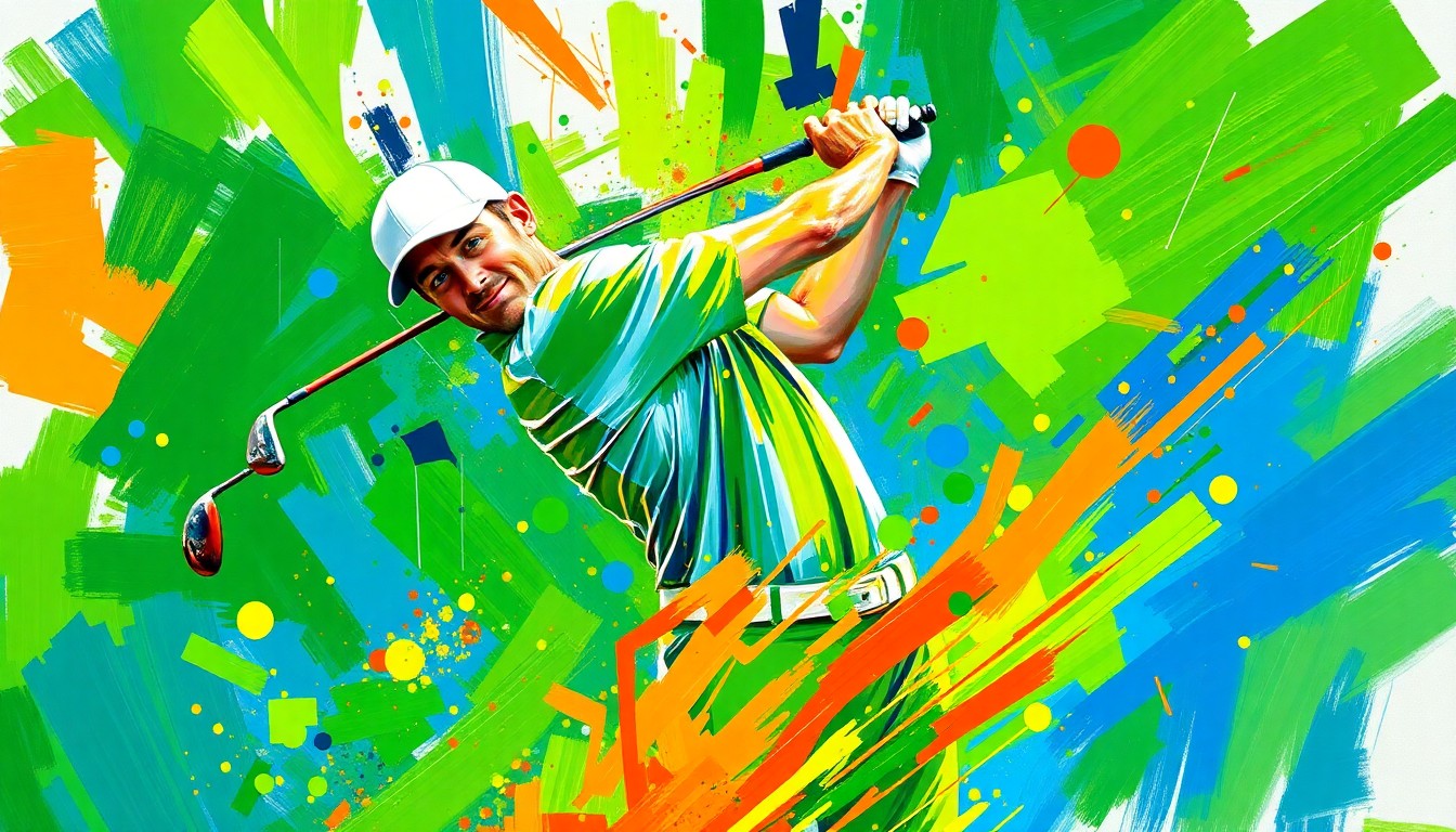 An abstract, energetic painting in vibrant neon colors capturing the fluid motion and power of Scottie Scheffler's golf swing as he makes an eagle putt, the forms dissolving into unrecognizable brushstrokes.