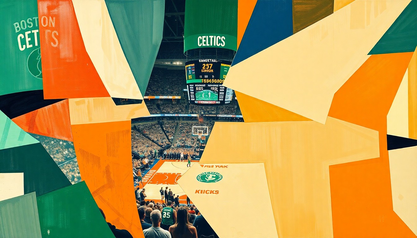 A cubist, geometric painting depicting a basketball game at Madison Square Garden, with the court and players fractured into overlapping angular shapes in shades of green, orange, and neutral tones.