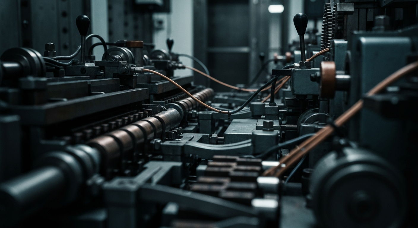 An extreme close-up of complex, interlocking metal gears and machinery, representing the heavy, industrial nature of Legence's financial operations and services.