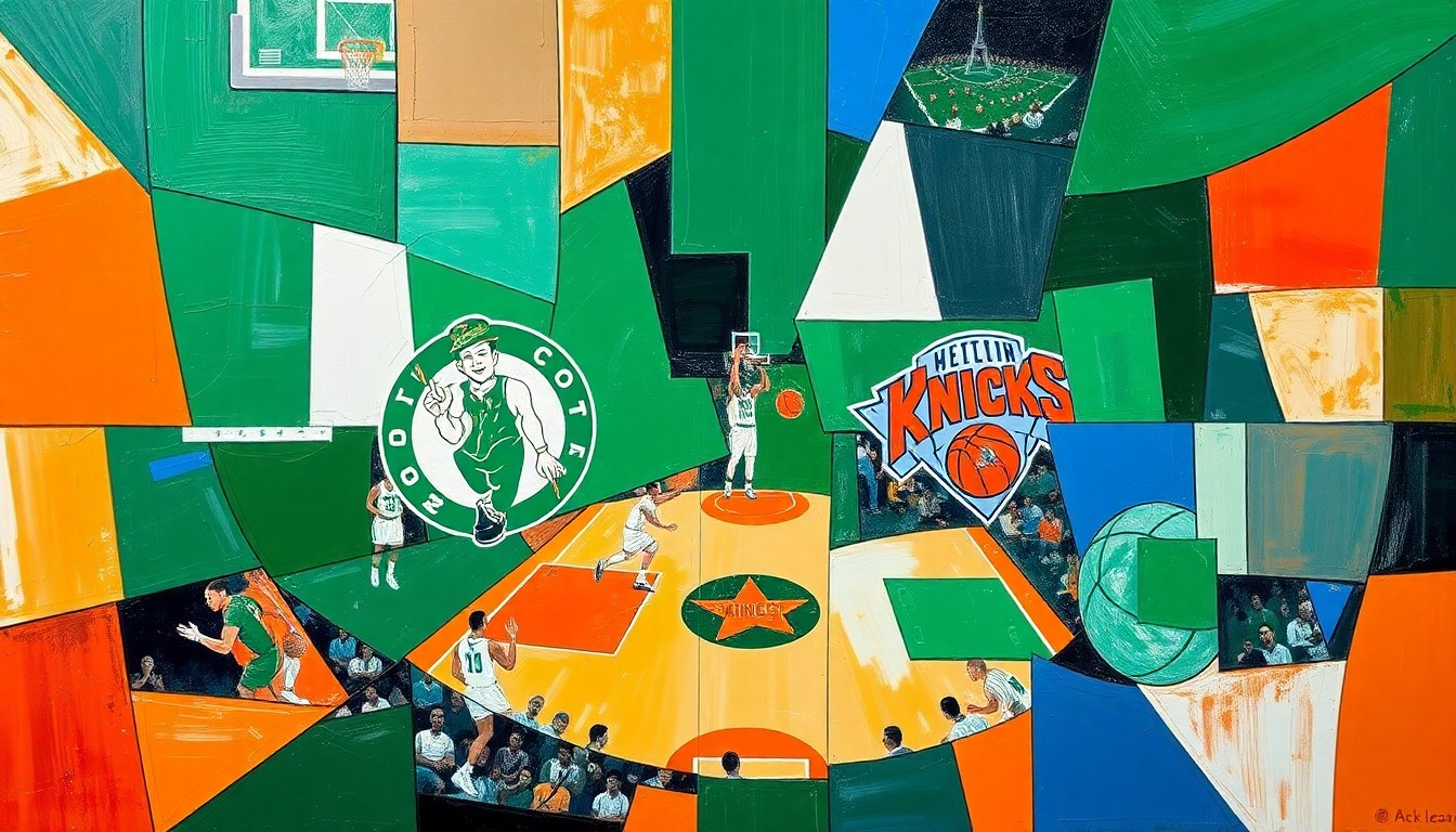 A fractured, geometric painting depicting a basketball game between two teams, with sharp overlapping planes in vibrant green, white, orange, and blue colors.