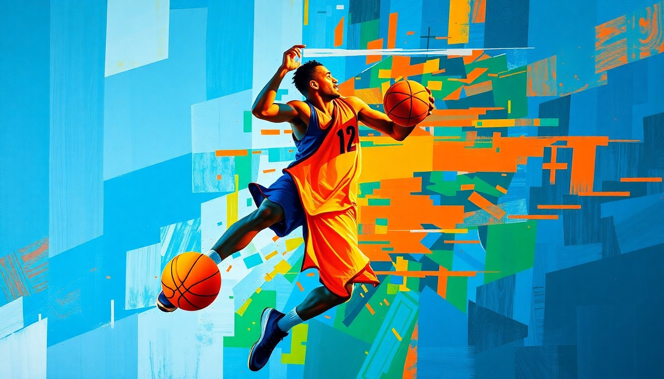 A fragmented, cubist-style painting depicting the silhouette of a basketball player in motion, broken down into sharp, overlapping geometric shapes in a vibrant color palette.