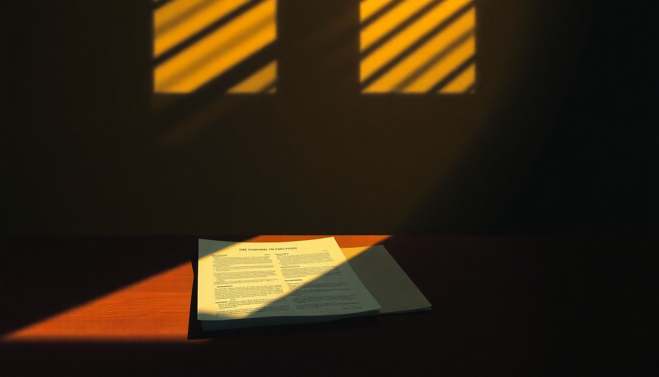 A dimly lit, cinematic painting of a lone immigration document or legal file resting on a wooden desk, bathed in warm, diagonal sunlight and deep shadows, conceptually representing the heightened challenges facing individuals navigating the immigration system.