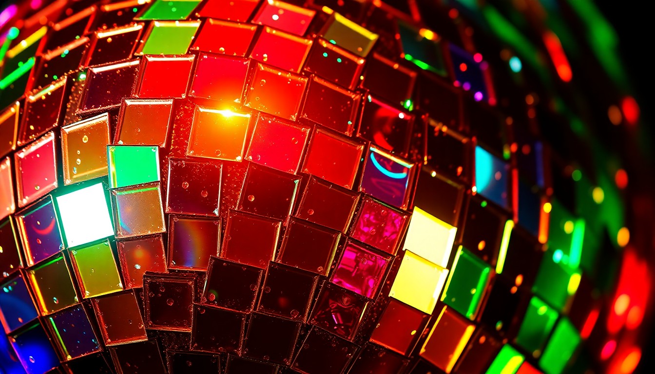 An extreme close-up photograph of shattered disco ball fragments reflecting a kaleidoscope of neon colors, conceptually representing the vibrant energy and visual spectacle of a Pitbull concert.