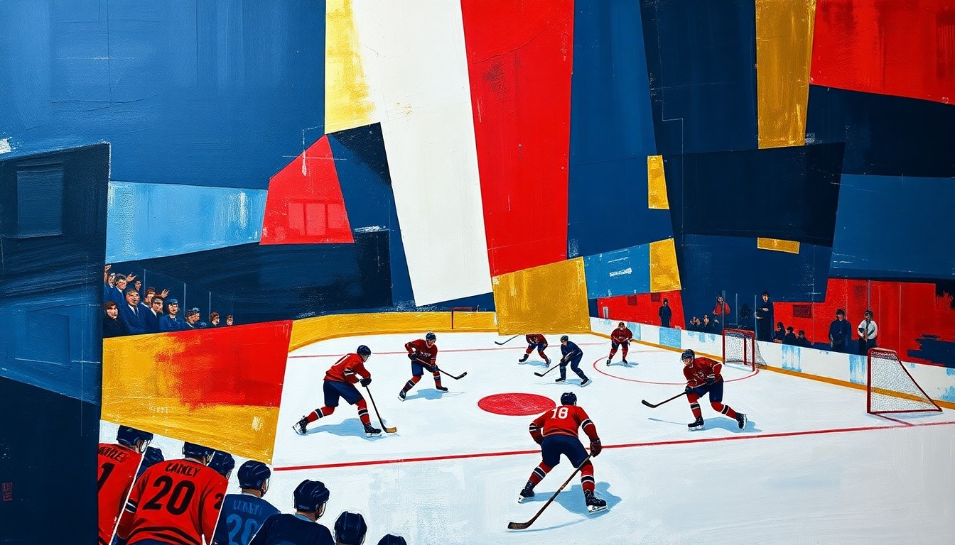A cubist, geometric painting depicting a hockey game, with overlapping planes of navy, red, and gold, conveying the energy and intensity of the Frozen Four tournament.