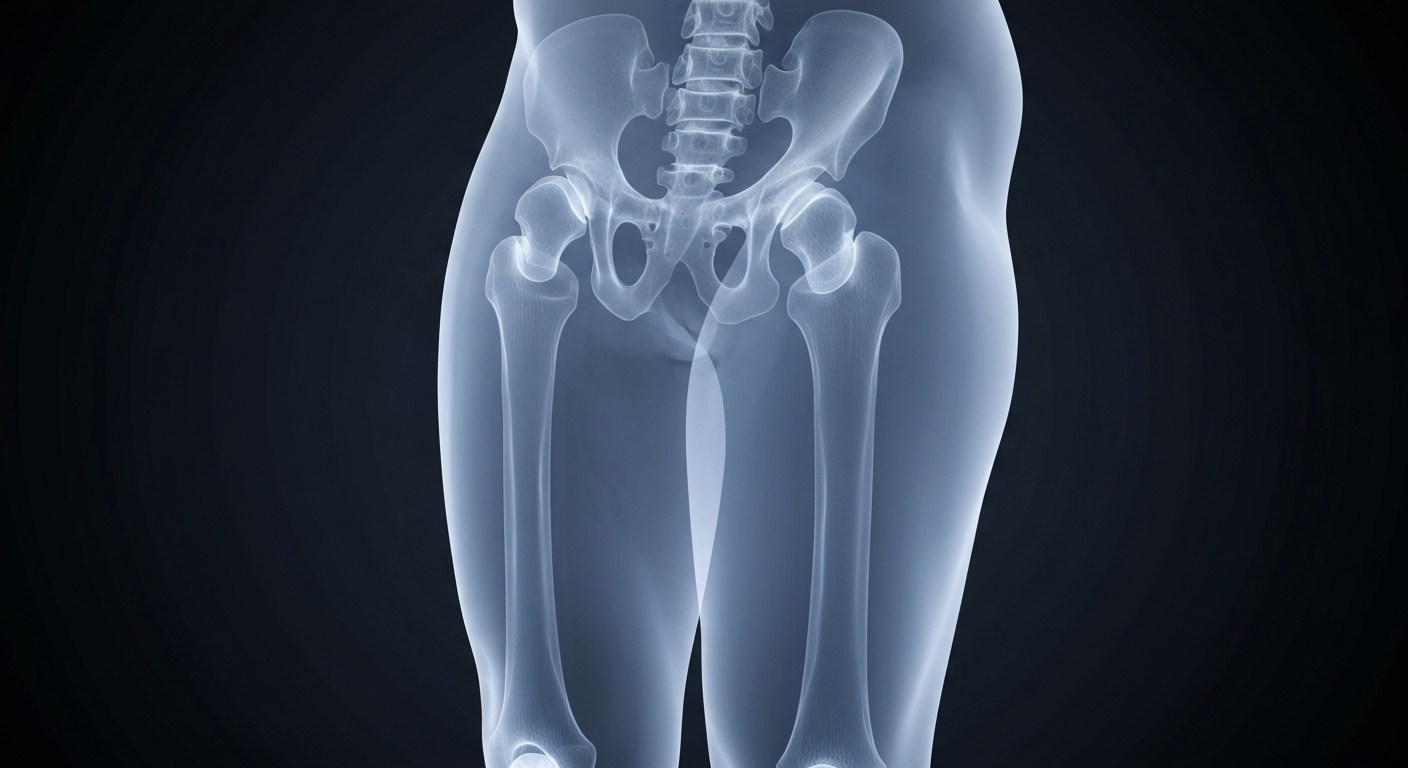 A ghostly, translucent X-ray image of a human leg and hip joint, revealing the intricate bone and muscle structures in a clinical yet serene manner.