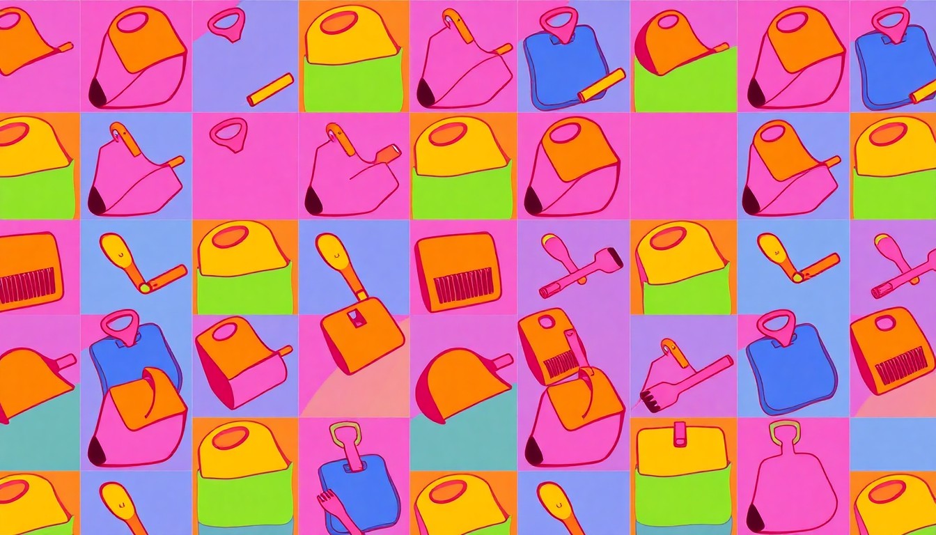 A brightly colored, high-contrast silkscreen print of a pet waste scooper repeated in a tight grid pattern, conceptually representing the company's focus on eco-friendly pet care products.