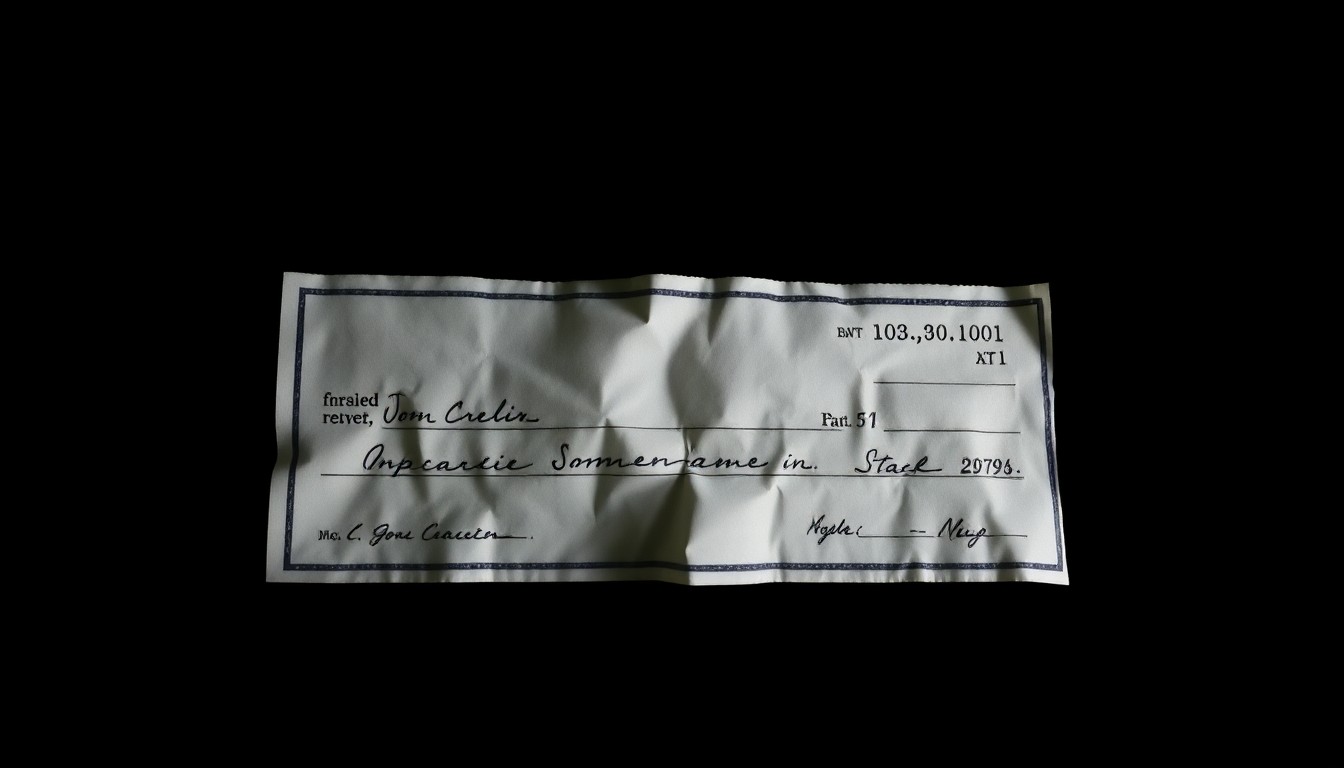 An extreme close-up photograph of a crumpled, forged check against a pitch-black background, lit by a harsh, direct camera flash, conceptually representing the financial crime at the center of this story.