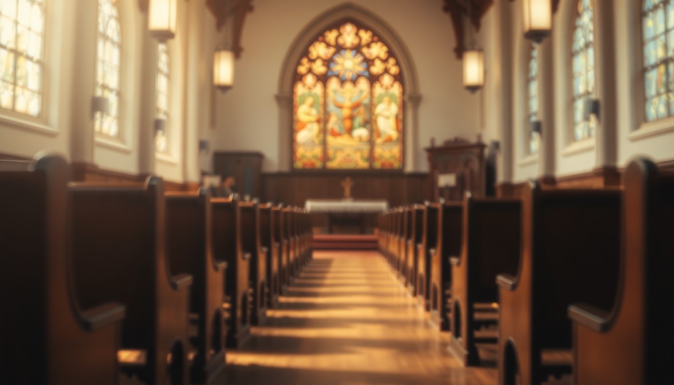 An abstract, out-of-focus photograph in soft, warm tones depicting the interior of a church, with blurred pews and stained glass windows, conveying a sense of reverence and community.