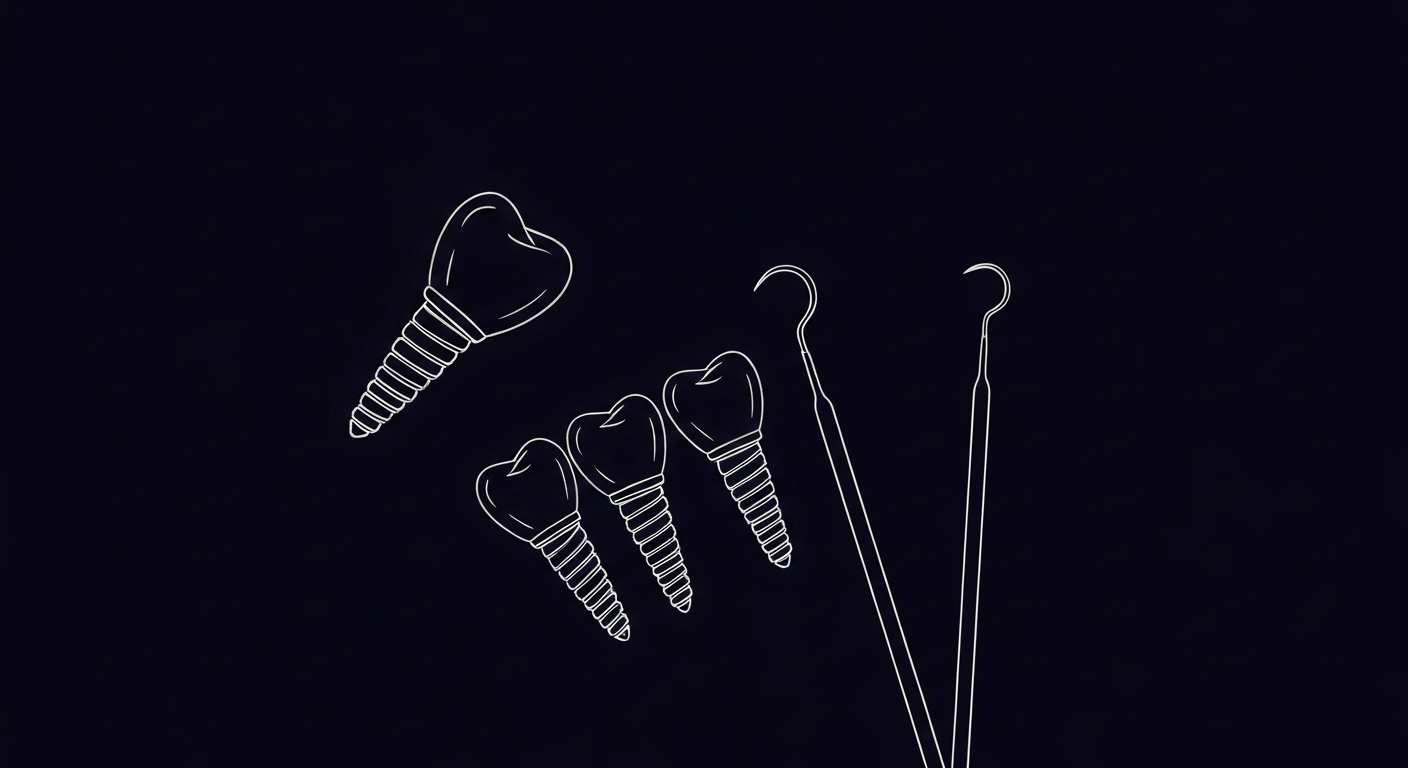 A glowing neon outline of dental implants and surgical tools against a dark background, conceptually representing the advanced, high-tech nature of the new dental clinic.