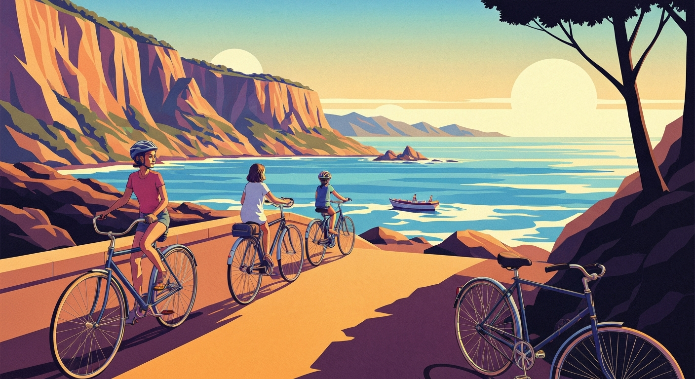 A highly stylized, geometric illustration depicting the sweeping coastline and towering palm trees of Hilton Head Island, with sleek, streamlined bicycles in the foreground, capturing the grand scale and romance of multi-generational travel.